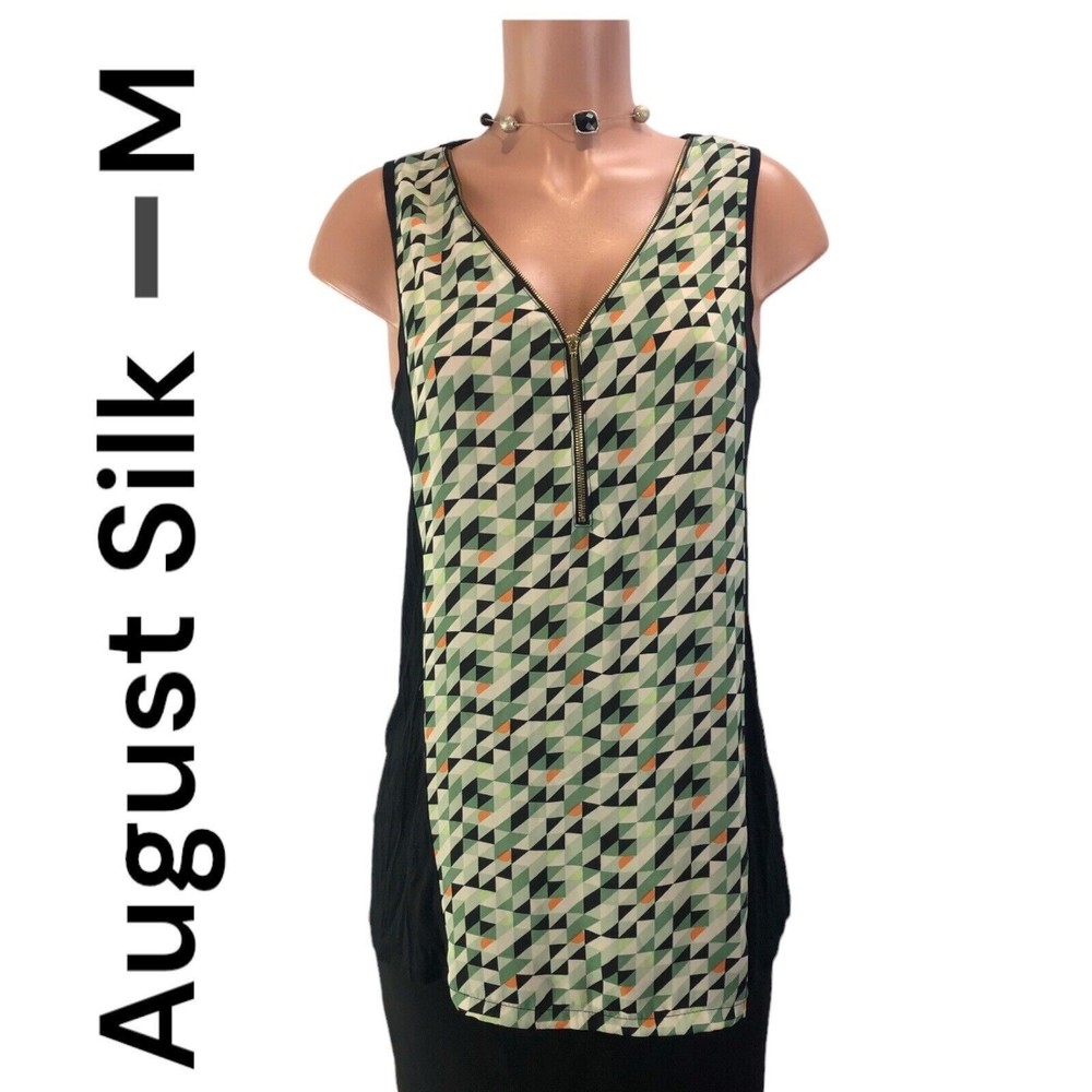 August silk black Green sleeveless tank blouse beaded neck design MED - Picture 1 of 13